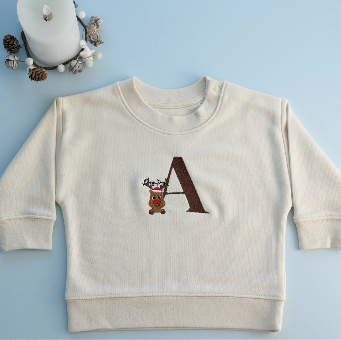 Personalised Baby Christmas Sweatshirt with Initial & Reindeer — Organic Cotton
