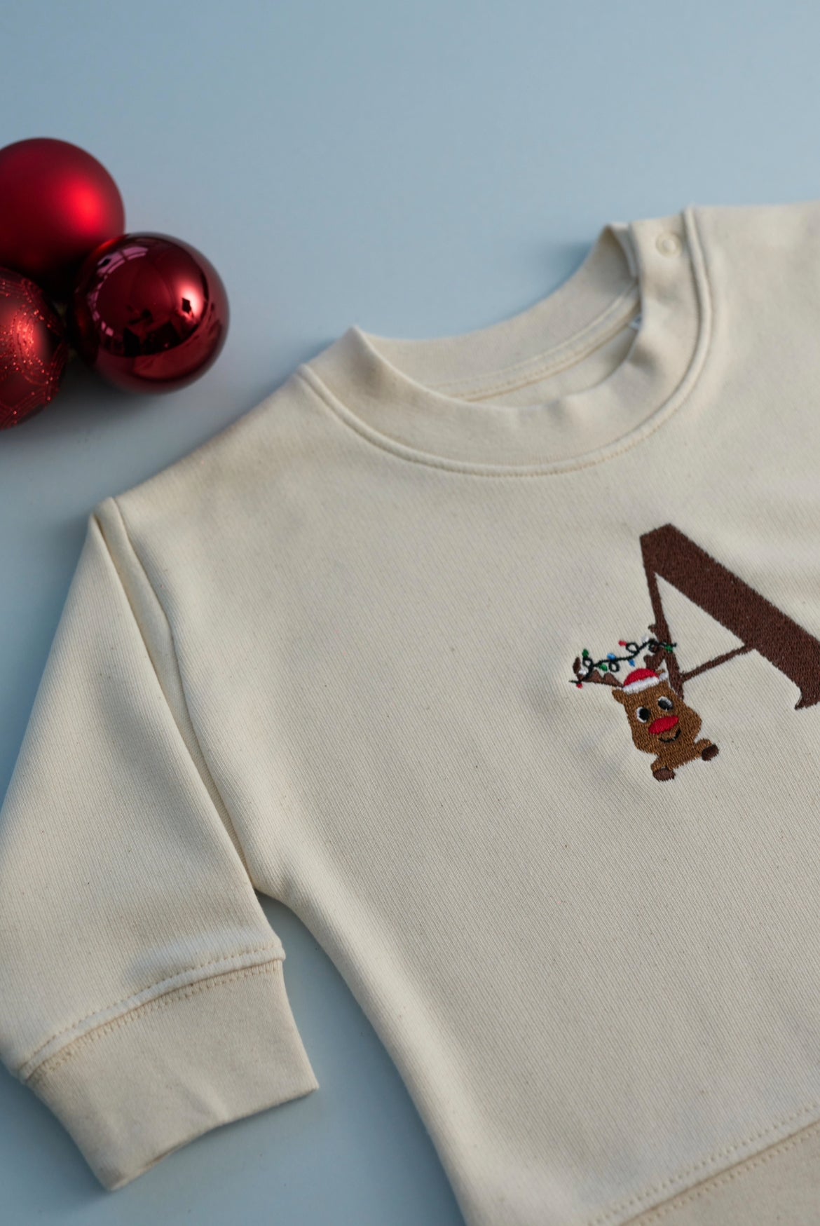 Personalised Baby Christmas Sweatshirt with Initial & Reindeer — Organic Cotton
