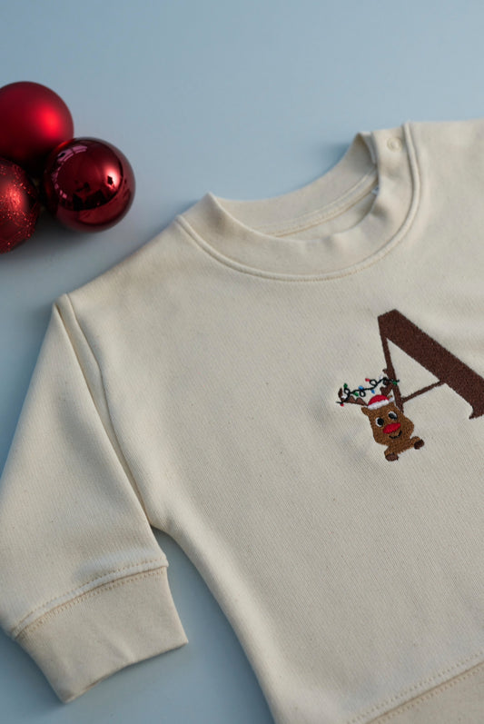 Personalised Baby Christmas Sweatshirt with Initial & Reindeer — Organic Cotton